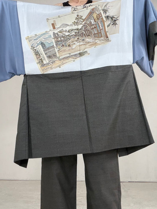 Oshima Tsumugi HAORI  and KIMONO elastic waist pants upcycled from Japanese kimono" ASB007"