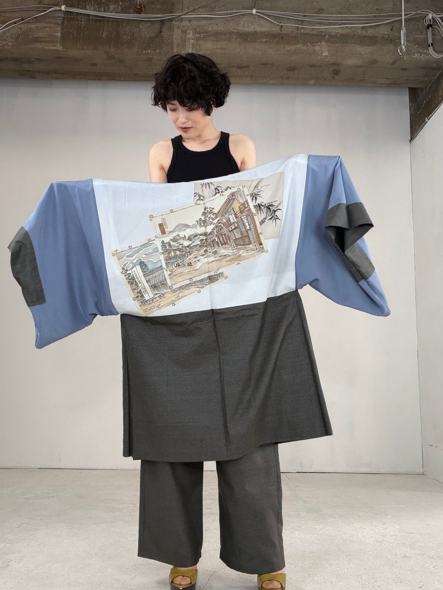 Oshima Tsumugi HAORI  and KIMONO elastic waist pants upcycled from Japanese kimono" ASB007"