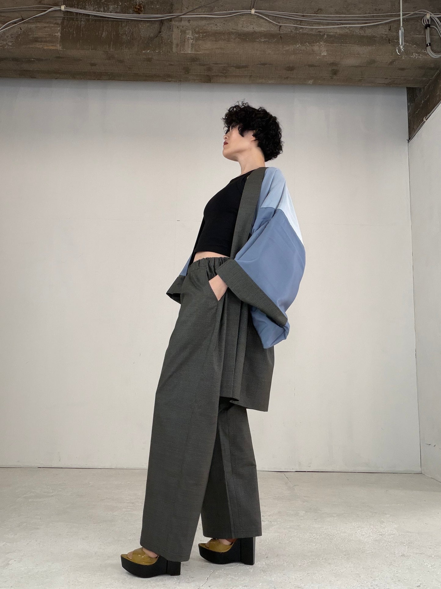 Oshima Tsumugi HAORI  and KIMONO elastic waist pants upcycled from Japanese kimono" ASB007"