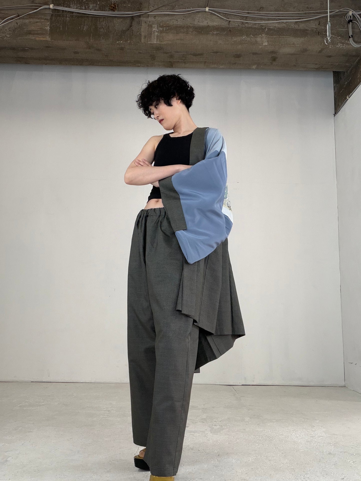 Oshima Tsumugi HAORI  and KIMONO elastic waist pants upcycled from Japanese kimono" ASB007"