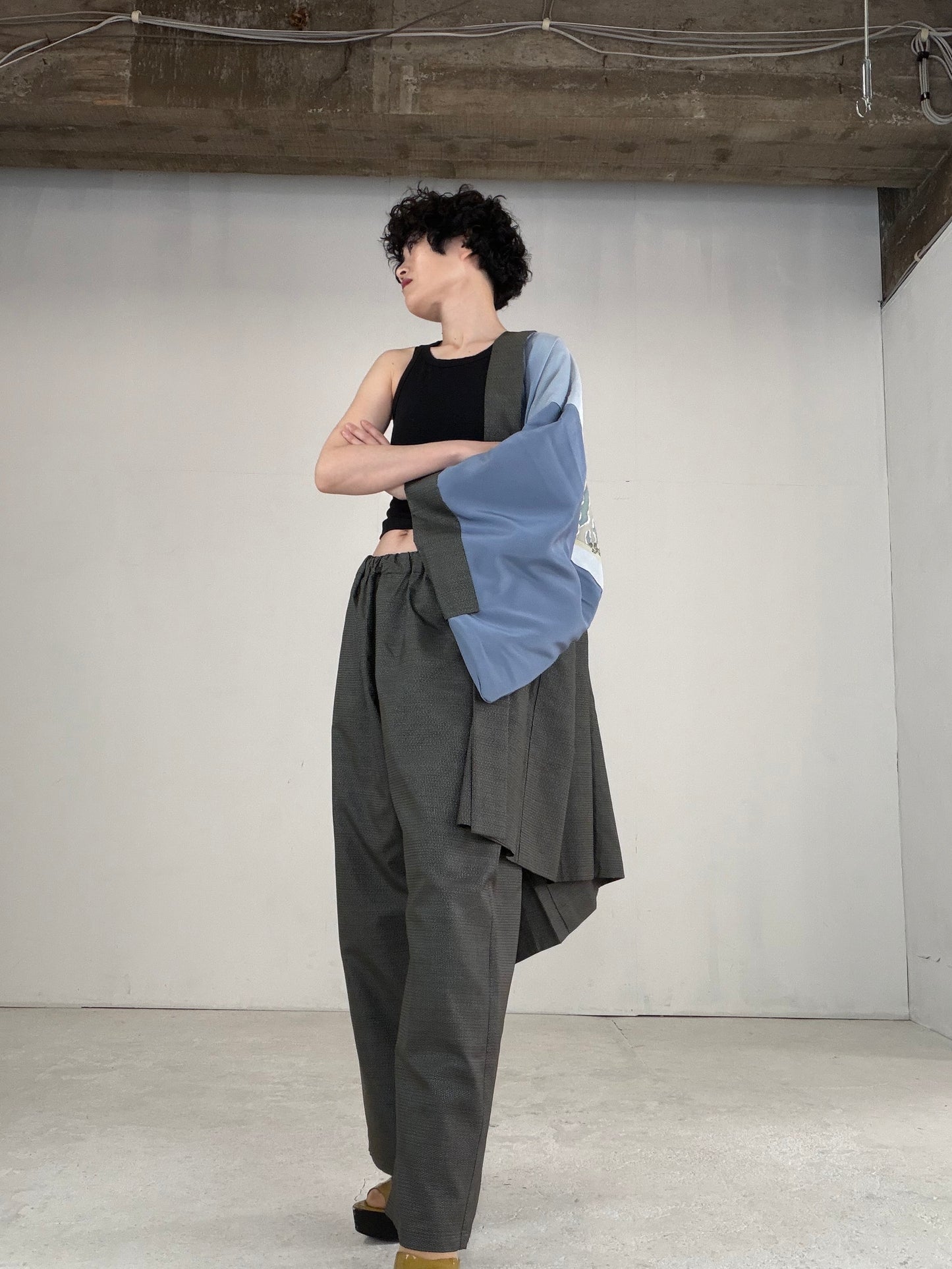 Oshima Tsumugi HAORI  and KIMONO elastic waist pants upcycled from Japanese kimono" ASB007"