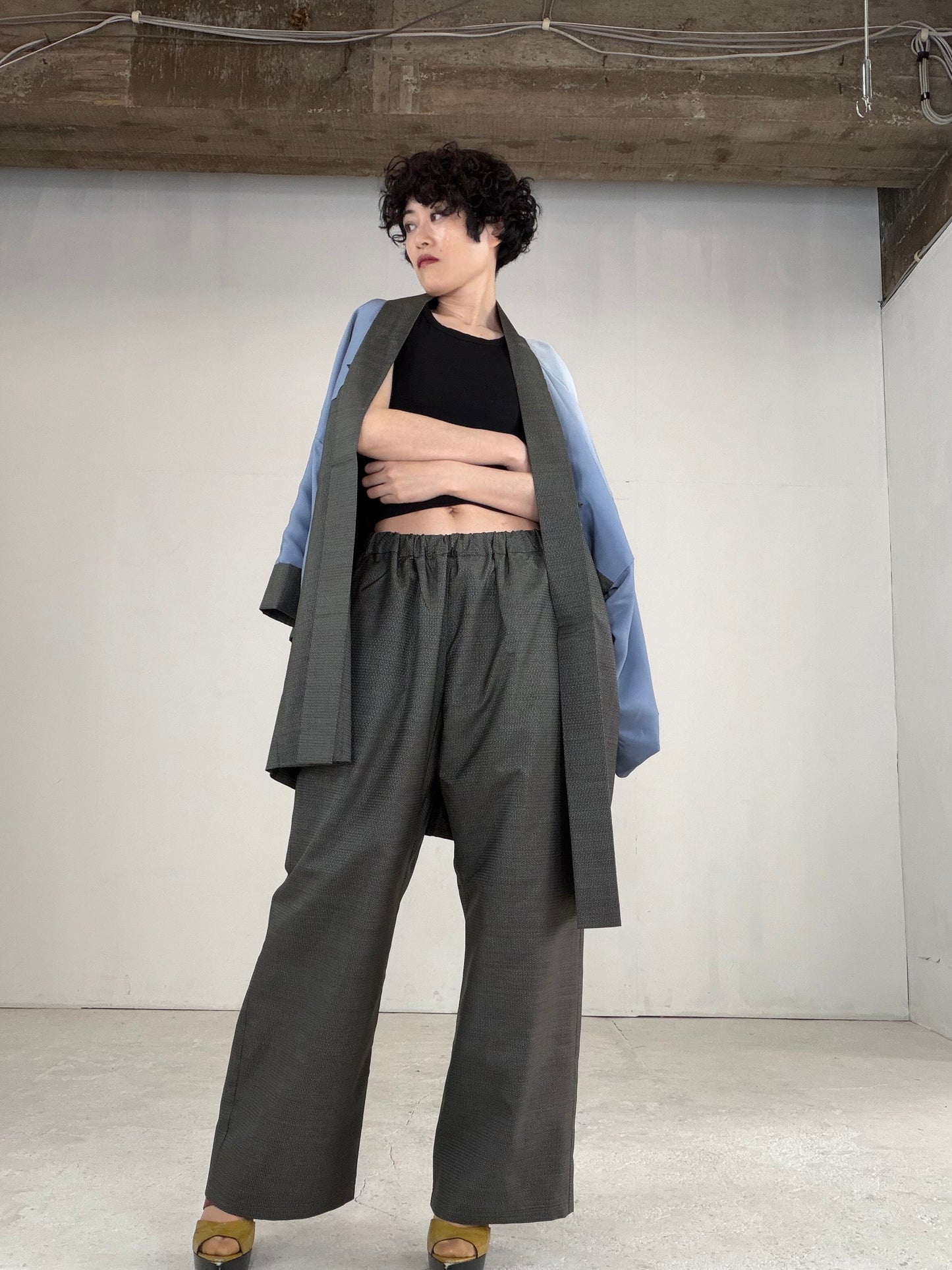 Oshima Tsumugi HAORI  and KIMONO elastic waist pants upcycled from Japanese kimono" ASB007"