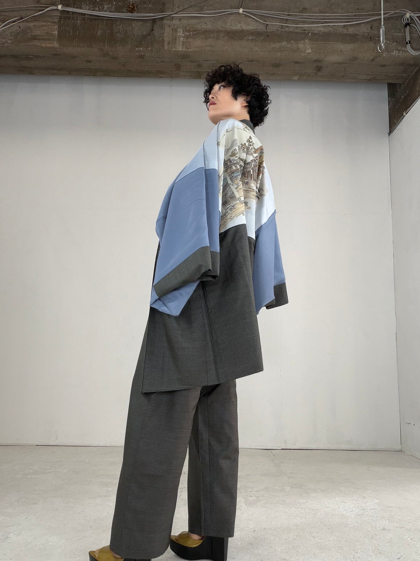 Oshima Tsumugi HAORI  and KIMONO elastic waist pants upcycled from Japanese kimono" ASB007"