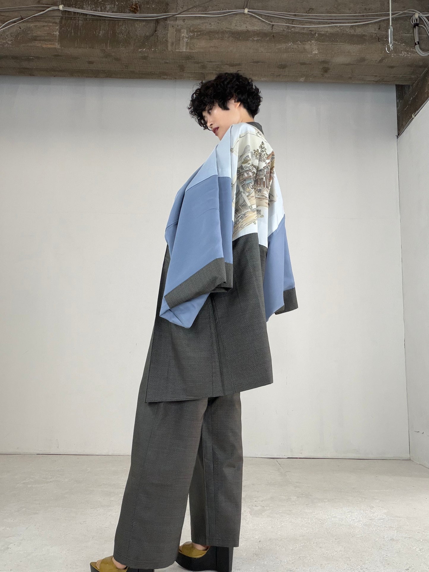 Oshima Tsumugi HAORI  and KIMONO elastic waist pants upcycled from Japanese kimono" ASB007"