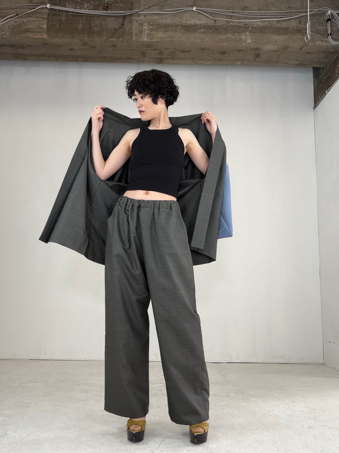 Oshima Tsumugi HAORI  and KIMONO elastic waist pants upcycled from Japanese kimono" ASB007"