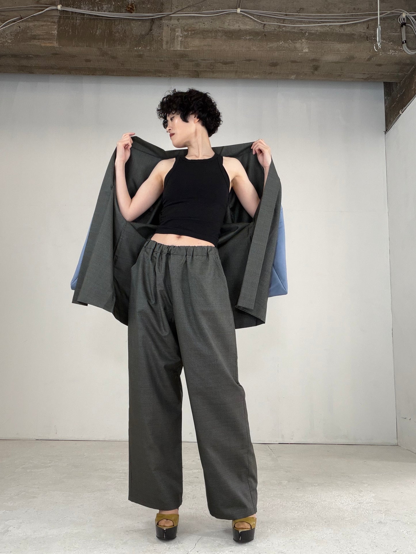 Oshima Tsumugi HAORI  and KIMONO elastic waist pants upcycled from Japanese kimono" ASB007"