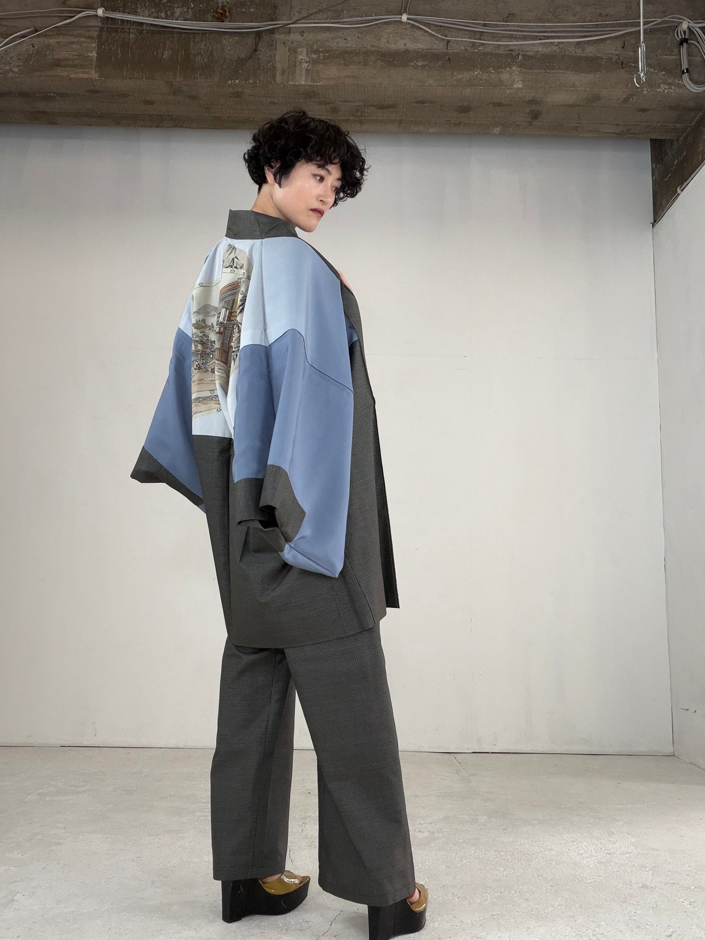 Oshima Tsumugi HAORI  and KIMONO elastic waist pants upcycled from Japanese kimono" ASB007"