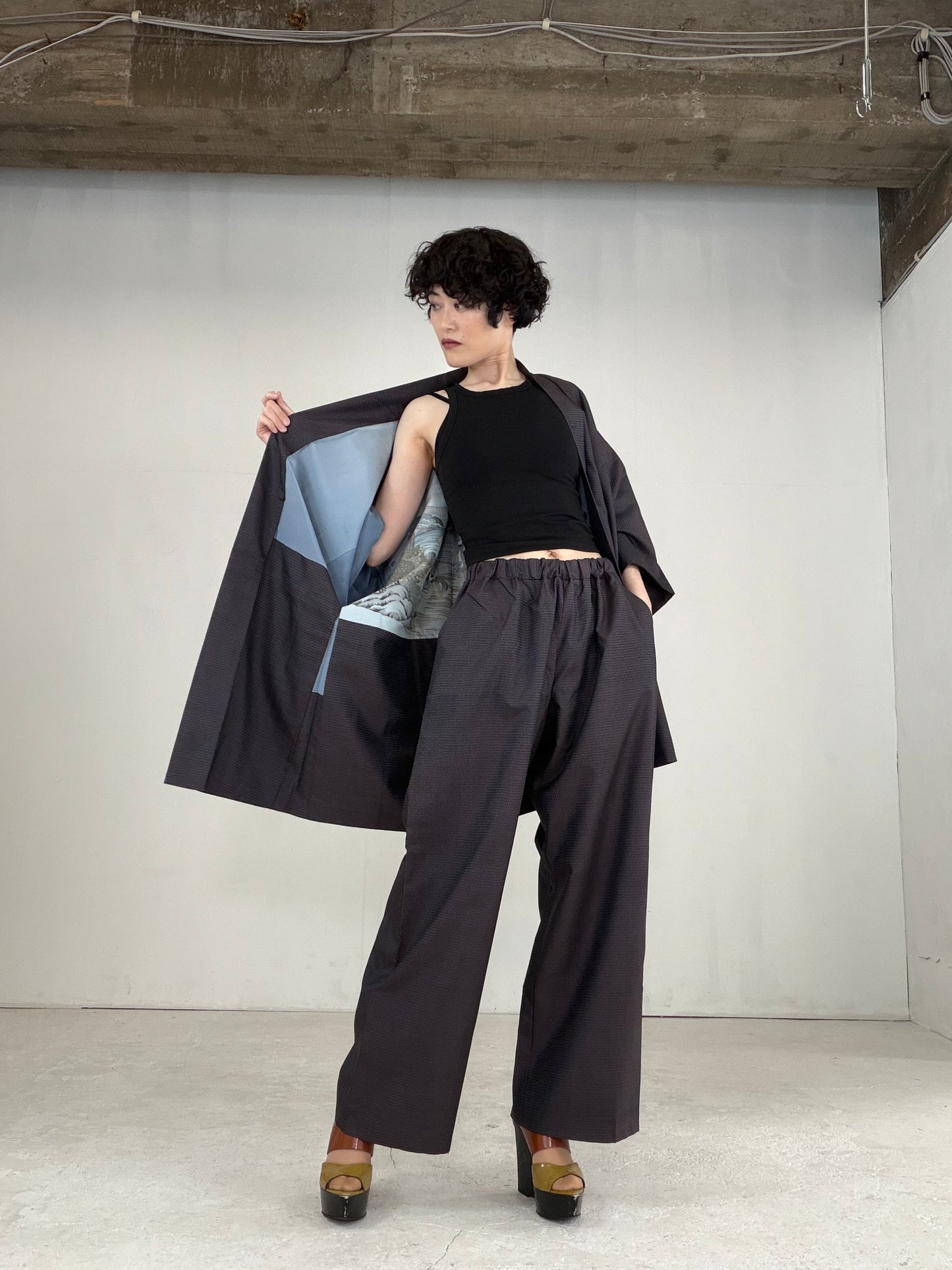 Oshima Tsumugi HAORI  and KIMONO elastic waist pants upcycled from Japanese kimono" ASB004" *damage