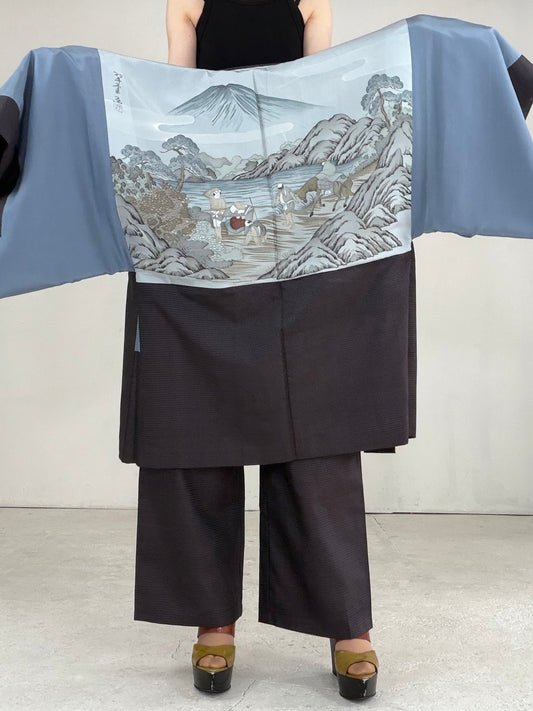 Oshima Tsumugi HAORI  and KIMONO elastic waist pants upcycled from Japanese kimono" ASB004" *damage