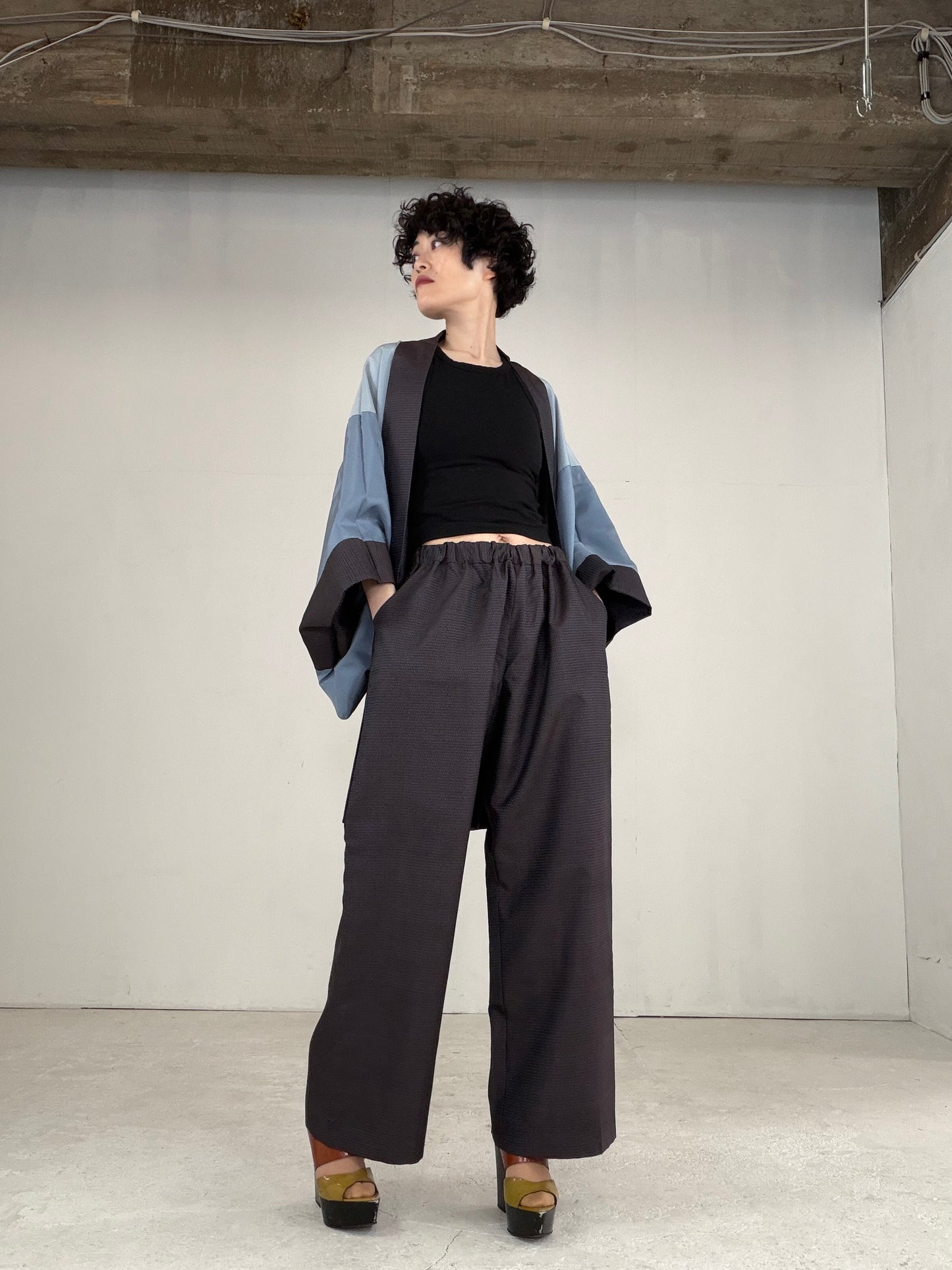 Oshima Tsumugi HAORI  and KIMONO elastic waist pants upcycled from Japanese kimono" ASB004" *damage