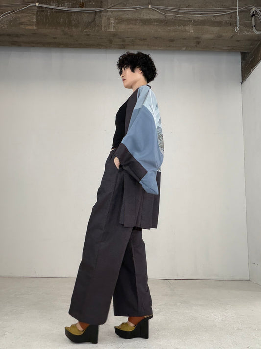 Oshima Tsumugi HAORI  and KIMONO elastic waist pants upcycled from Japanese kimono" ASB004" *damage