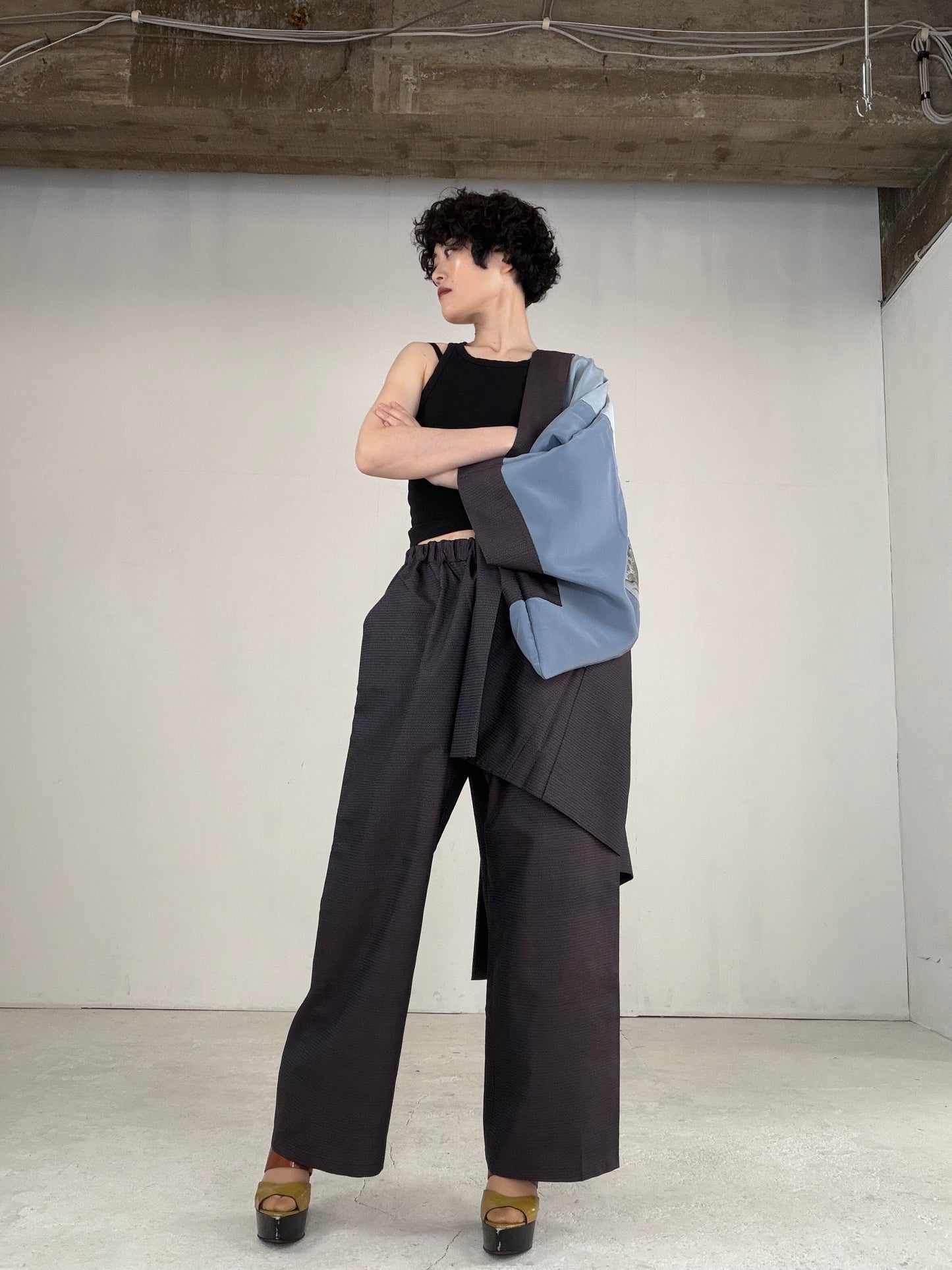 Oshima Tsumugi HAORI  and KIMONO elastic waist pants upcycled from Japanese kimono" ASB004" *damage