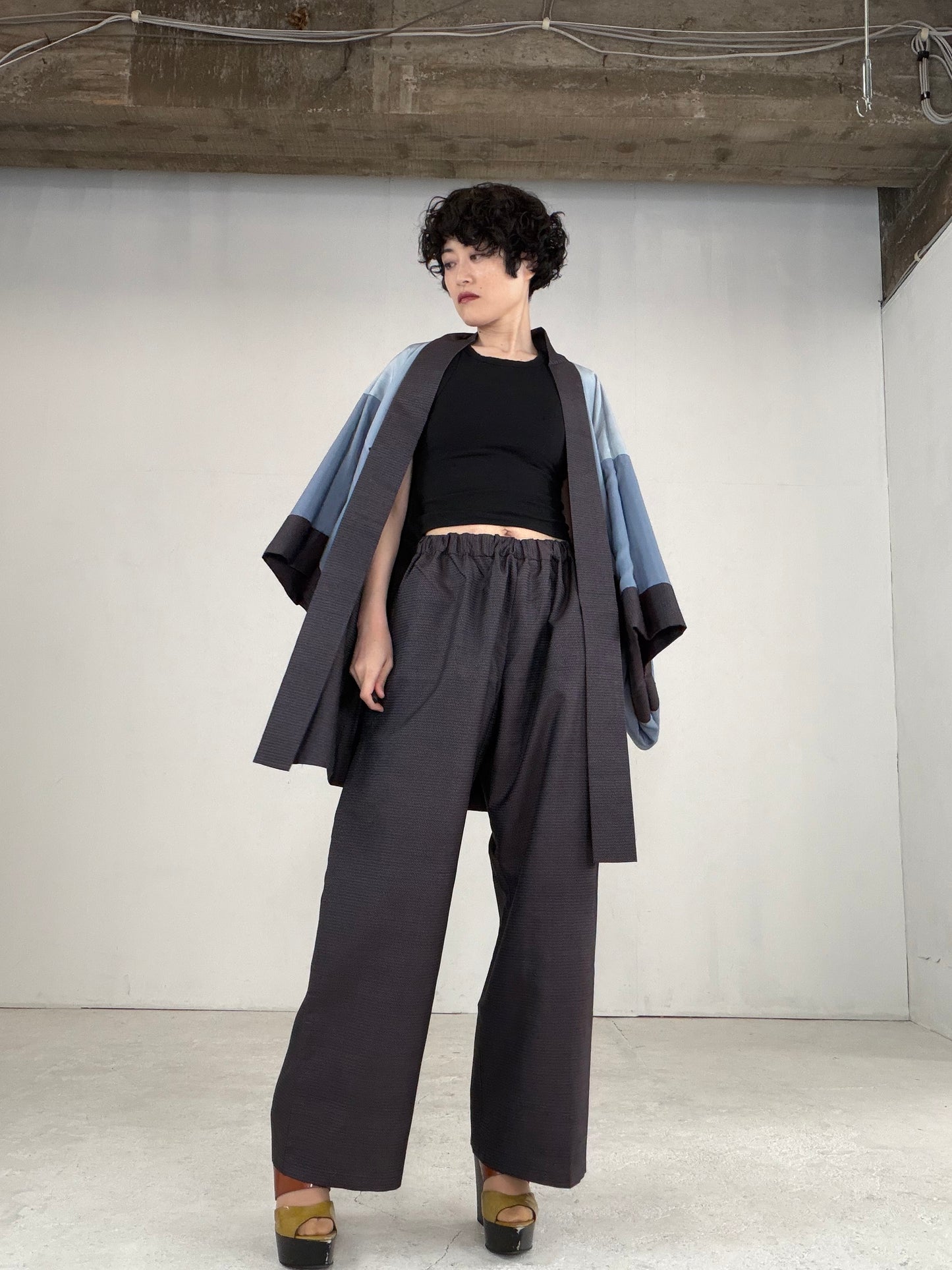 Oshima Tsumugi HAORI  and KIMONO elastic waist pants upcycled from Japanese kimono" ASB004" *damage