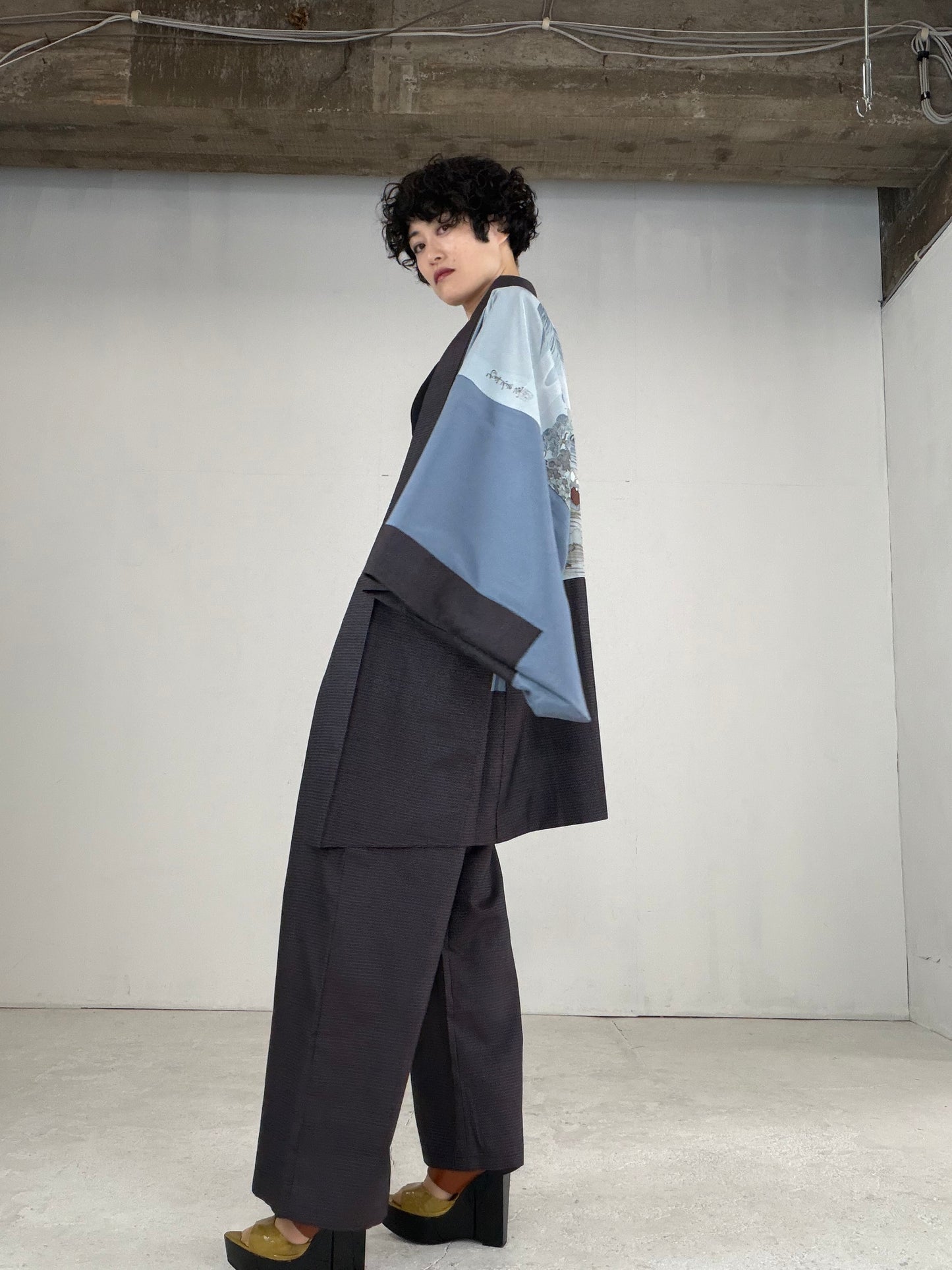Oshima Tsumugi HAORI  and KIMONO elastic waist pants upcycled from Japanese kimono" ASB004" *damage