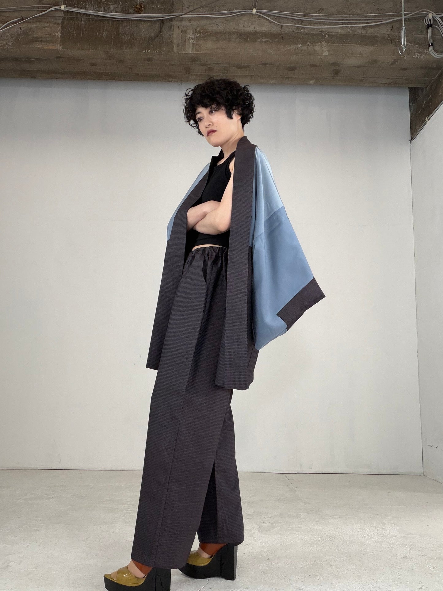 Oshima Tsumugi HAORI  and KIMONO elastic waist pants upcycled from Japanese kimono" ASB004" *damage