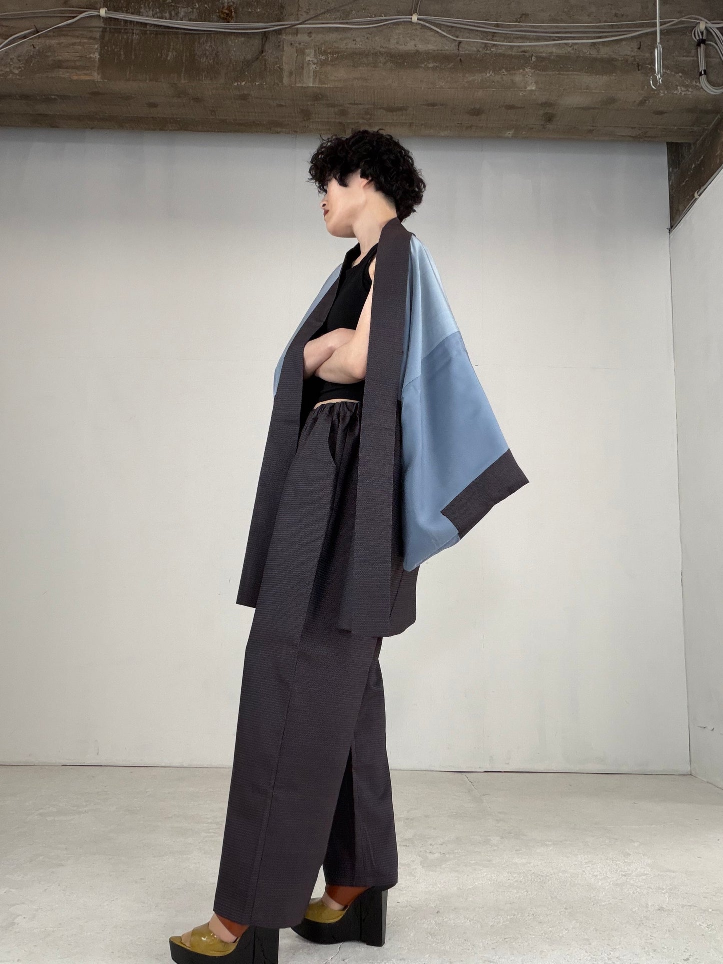 Oshima Tsumugi HAORI  and KIMONO elastic waist pants upcycled from Japanese kimono" ASB004" *damage