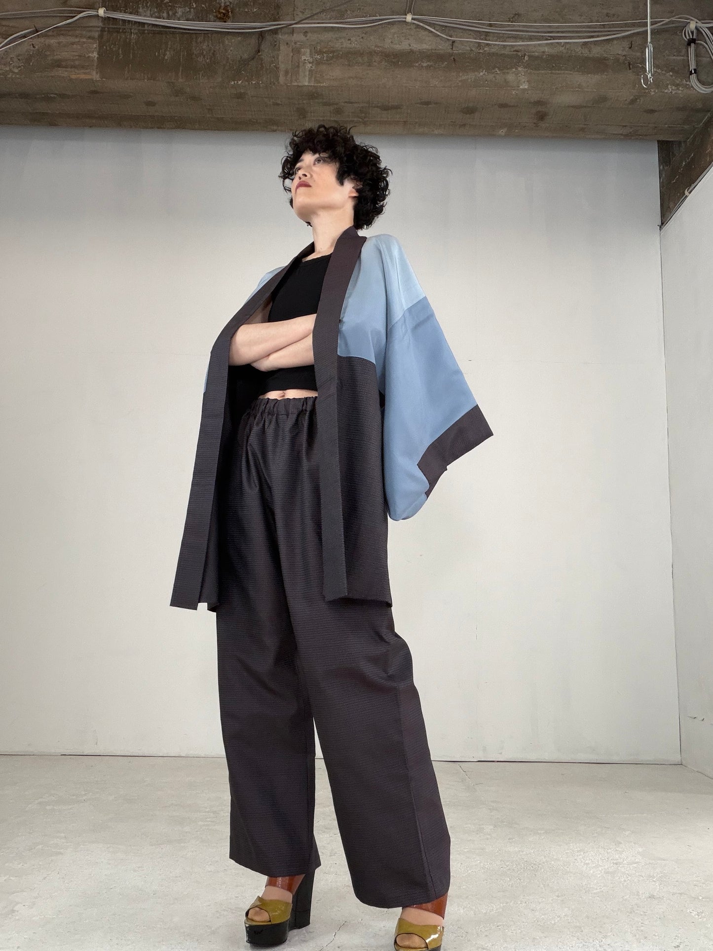 Oshima Tsumugi HAORI  and KIMONO elastic waist pants upcycled from Japanese kimono" ASB004" *damage