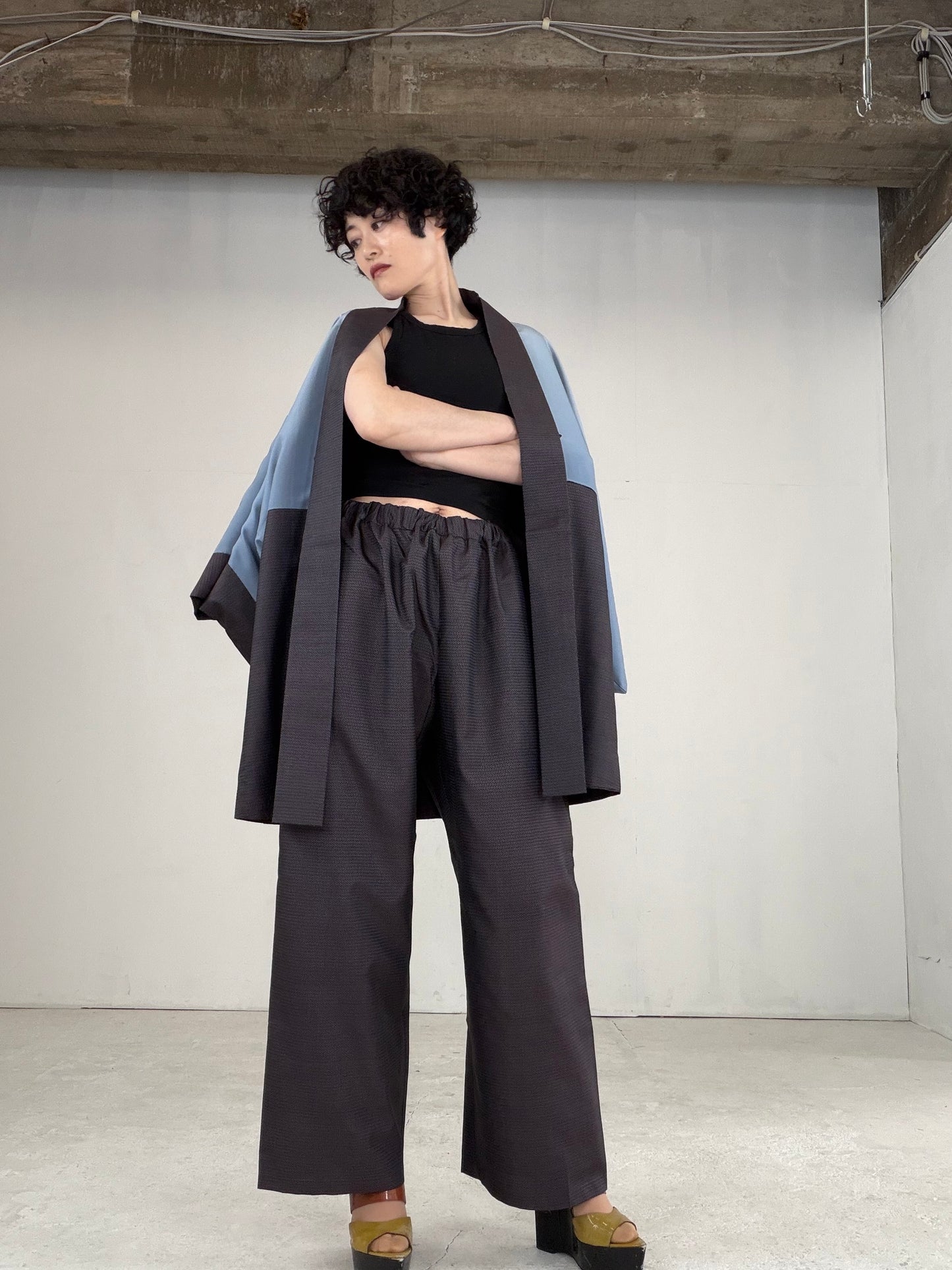 Oshima Tsumugi HAORI  and KIMONO elastic waist pants upcycled from Japanese kimono" ASB004" *damage