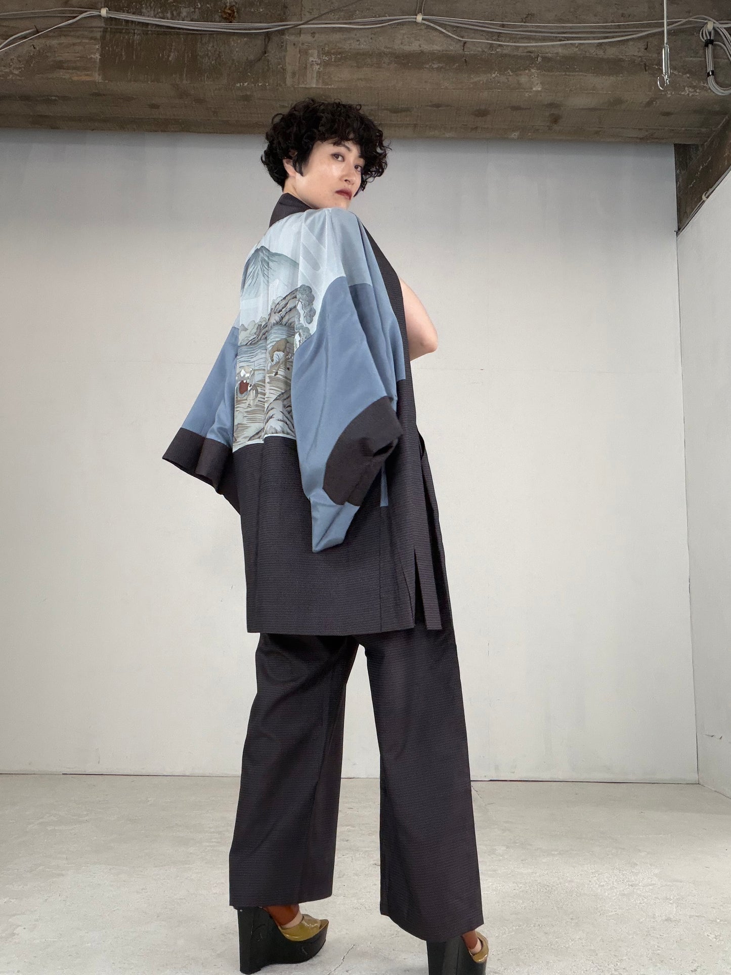 Oshima Tsumugi HAORI  and KIMONO elastic waist pants upcycled from Japanese kimono" ASB004" *damage