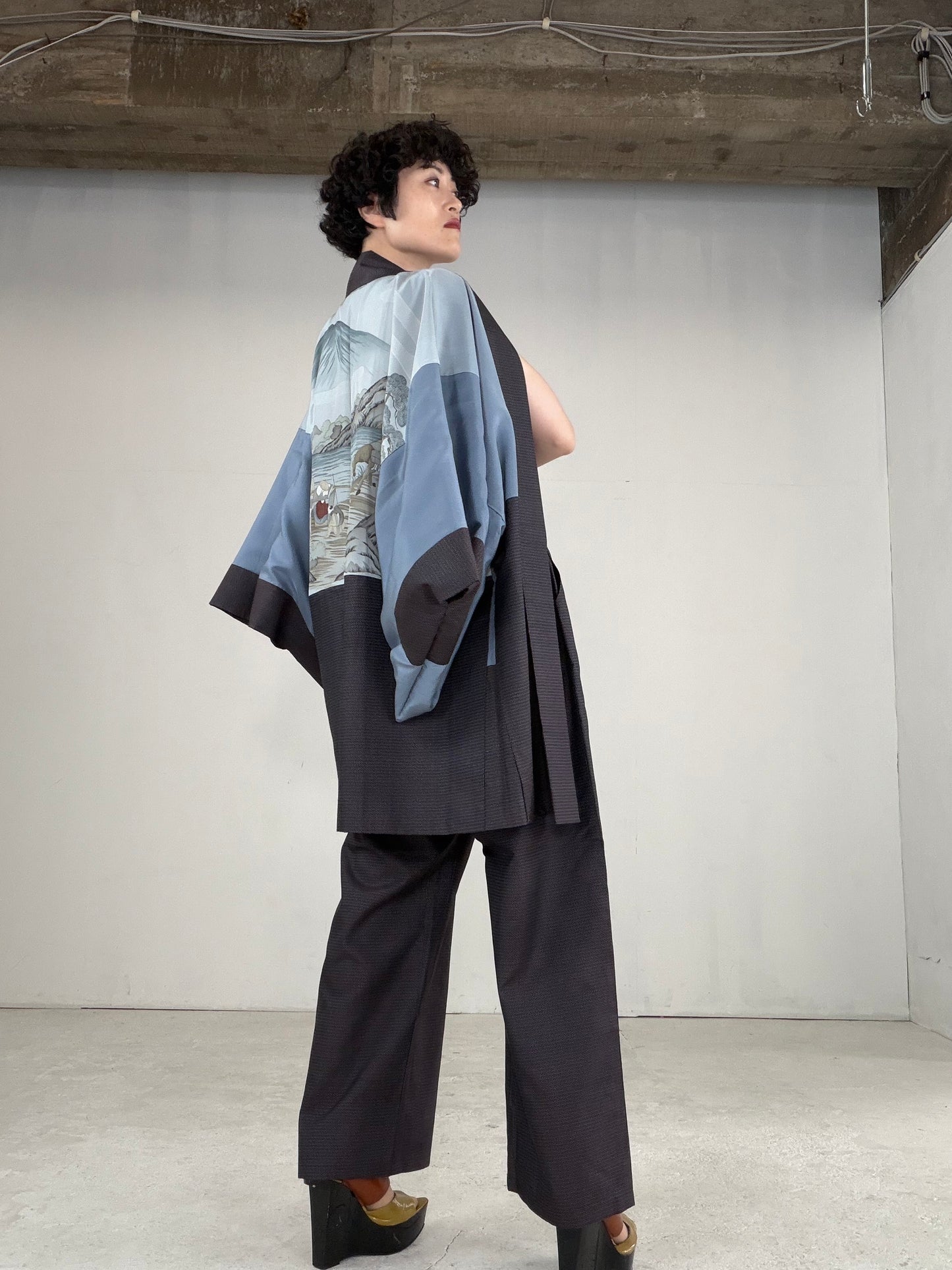 Oshima Tsumugi HAORI  and KIMONO elastic waist pants upcycled from Japanese kimono" ASB004" *damage