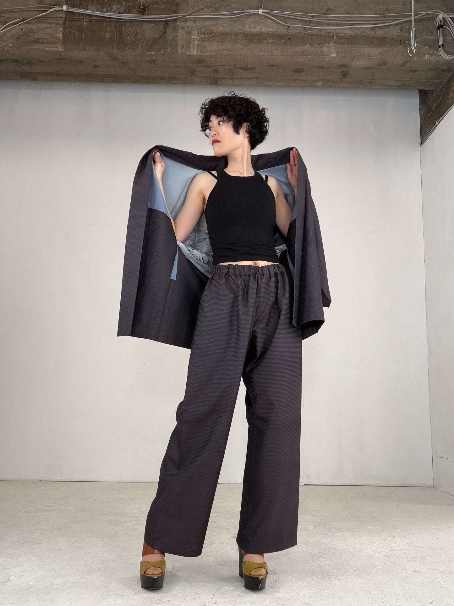 Oshima Tsumugi HAORI  and KIMONO elastic waist pants upcycled from Japanese kimono" ASB004" *damage