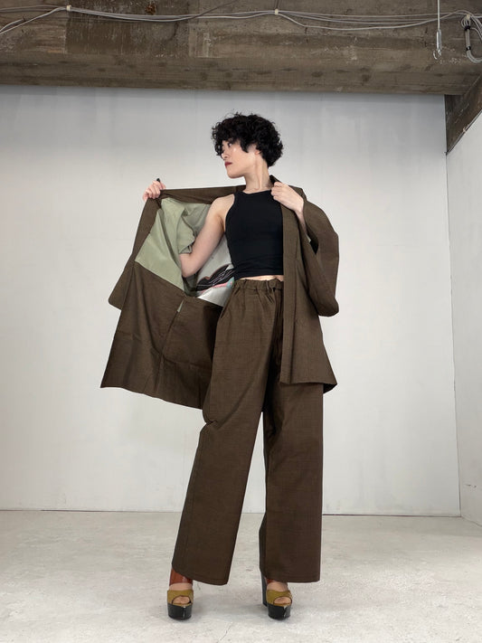 Oshima Tsumugi HAORI  and KIMONO elastic waist pants upcycled from Japanese kimono" ASB006"