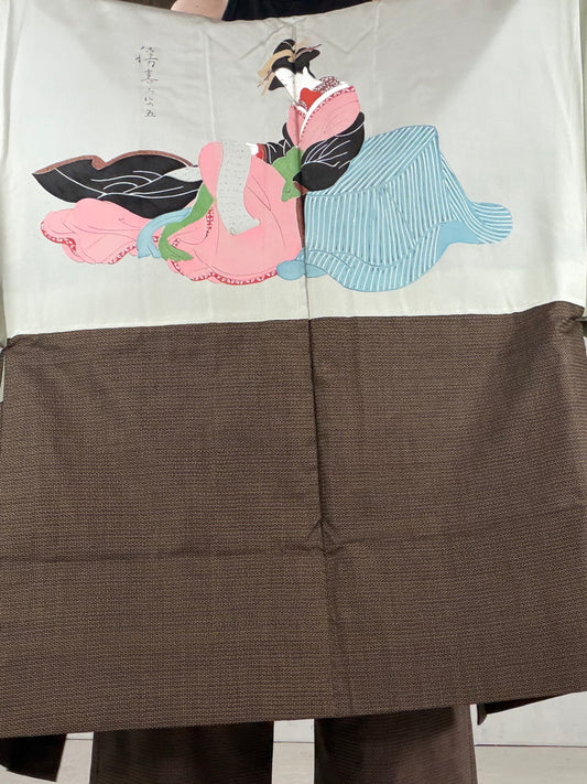 Oshima Tsumugi HAORI  and KIMONO elastic waist pants upcycled from Japanese kimono" ASB006"