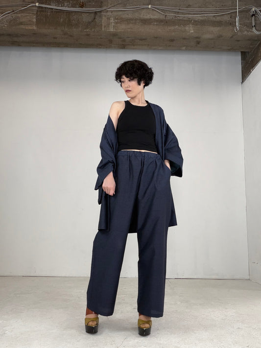 Oshima Tsumugi HAORI  and KIMONO elastic waist pants upcycled from Japanese kimono"keshiki, blue, ASB001"version 2