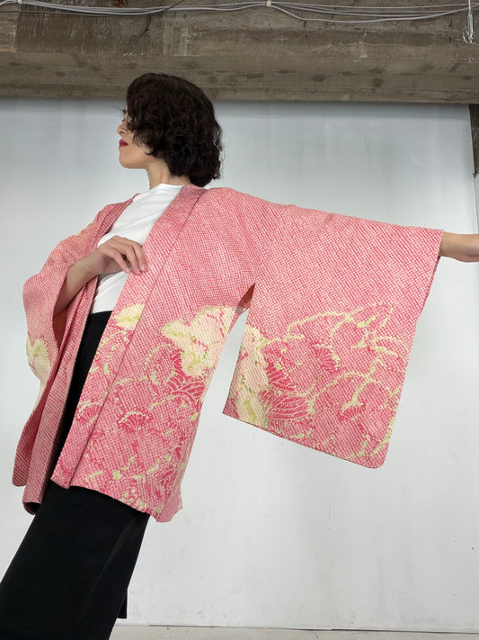 VINTAGE SHIBORI HAORI  "pink_white_green, SIB143"