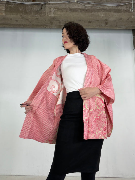 VINTAGE SHIBORI HAORI  "pink_white_green, SIB143"