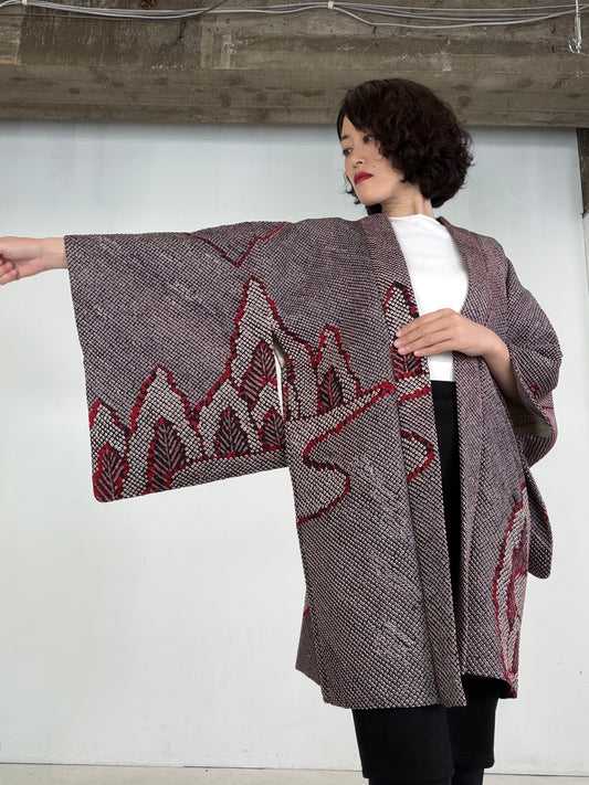 VINTAGE SHIBORI HAORI  "black_red, SIB142"