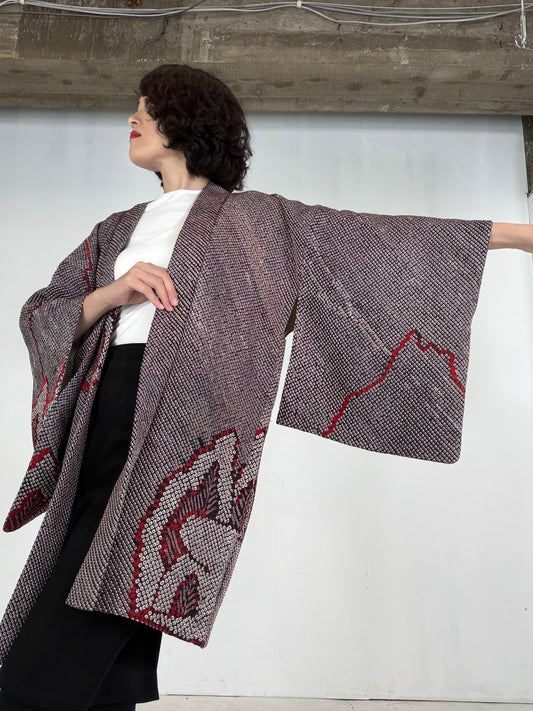 VINTAGE SHIBORI HAORI  "black_red, SIB142"