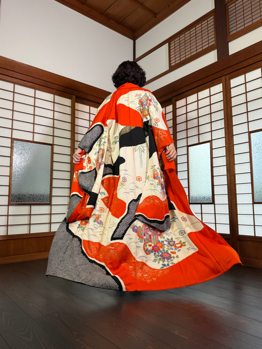 Redefining the Vintage Furisode Collection "red, black, shibori" *damage