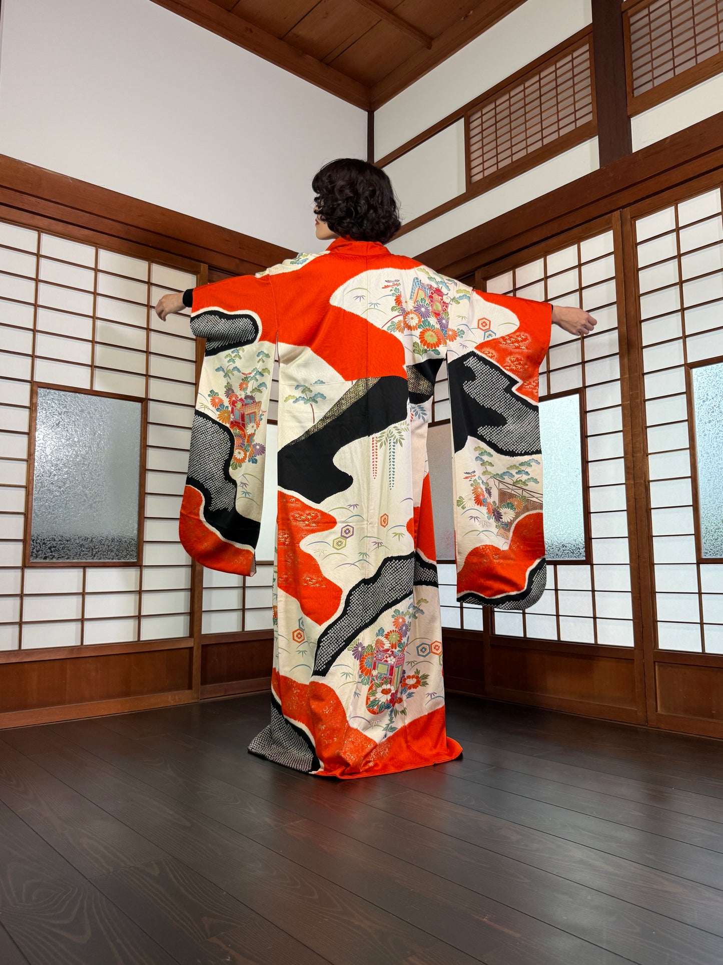 Redefining the Vintage Furisode Collection "red, black, shibori" *damage