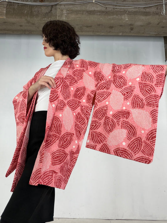 VINTAGE SHIBORI HAORI  "pink_konoha, SIB134"