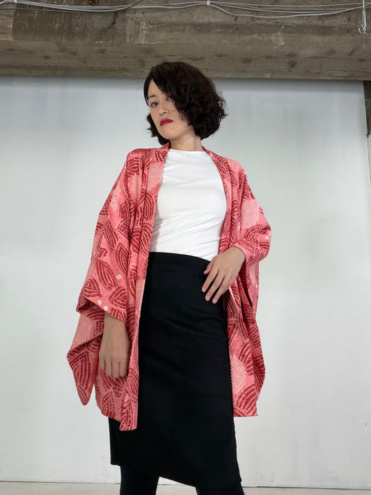 VINTAGE SHIBORI HAORI  "pink_konoha, SIB134"
