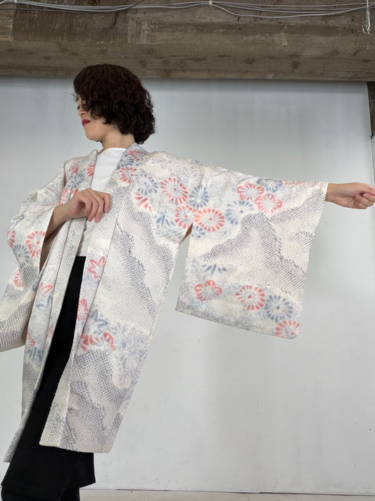 VINTAGE SHIBORI HAORI  "shiro_gray_light_blue, SIB136"