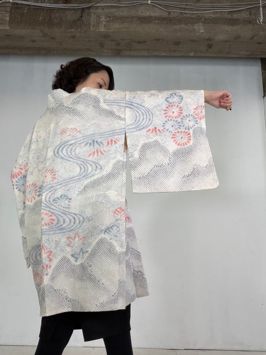 VINTAGE SHIBORI HAORI  "shiro_gray_light_blue, SIB136"