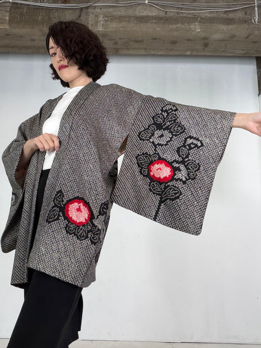 VINTAGE SHIBORI HAORI  "kuro_hana, SIB1138"