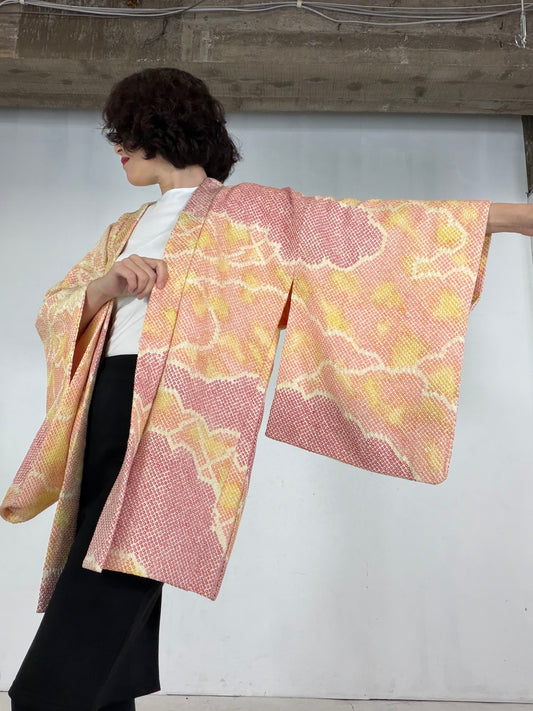 VINTAGE SHIBORI HAORI  "yellow_pink, SIB144" *damage