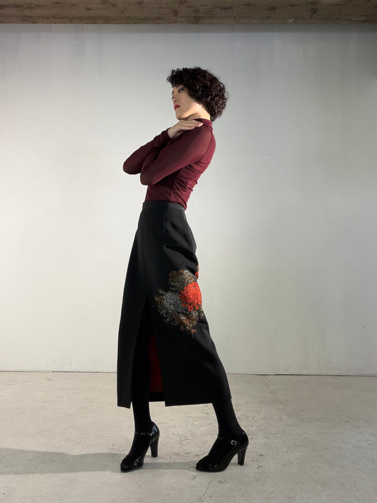 Kimono Skirt "SAI005" — Upcycled from Japanese Kimono Black Haori
