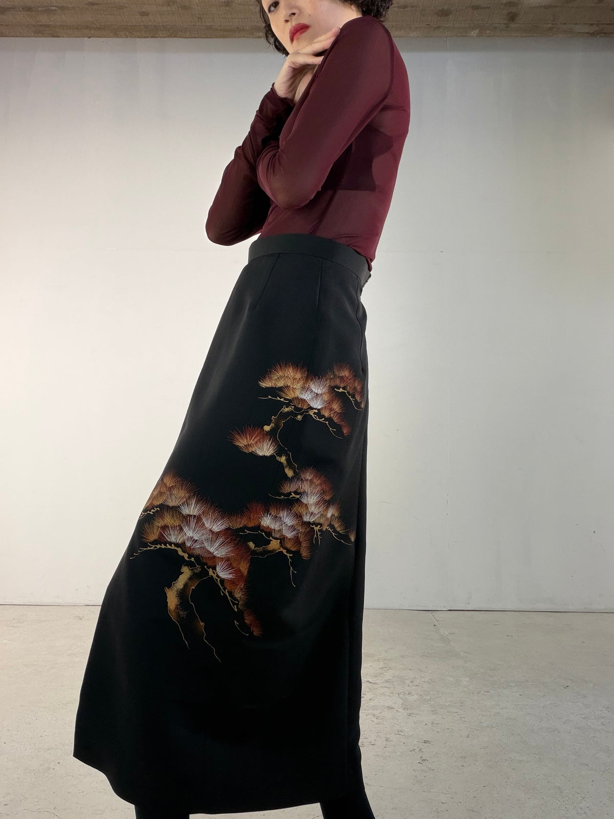 Kimono Skirt "SAI004" — Upcycled from Japanese Kimono Black Haori