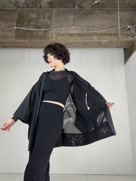 VINTAGE BLACK HAORI SHEER “ro, shishu"