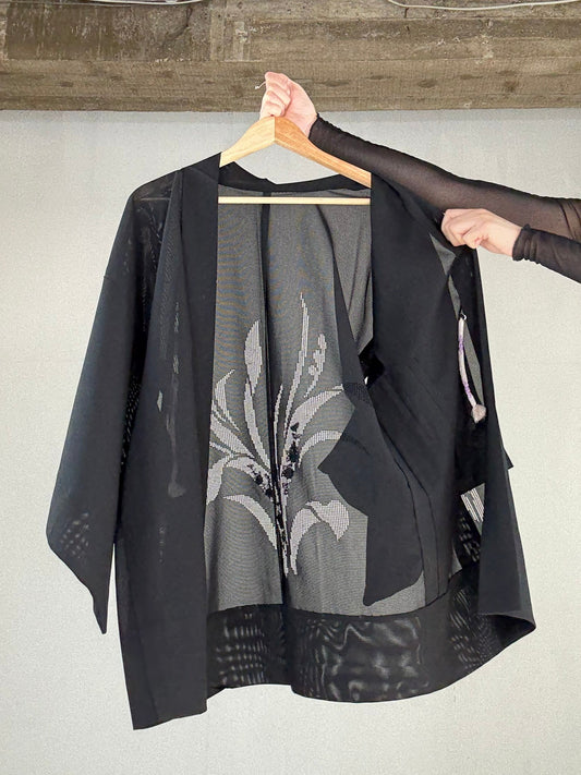 VINTAGE BLACK HAORI SHEER “ro, shishu"