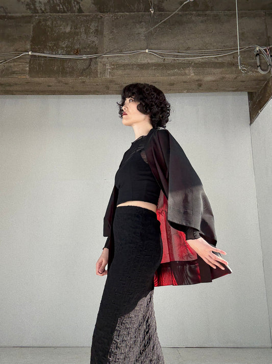 VINTAGE BLACK HAORI SHEER “red, momiji"