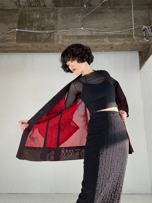 VINTAGE BLACK HAORI SHEER “red, momiji"