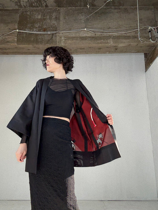 VINTAGE BLACK HAORI SHEER “red, embroidery, ryusui"