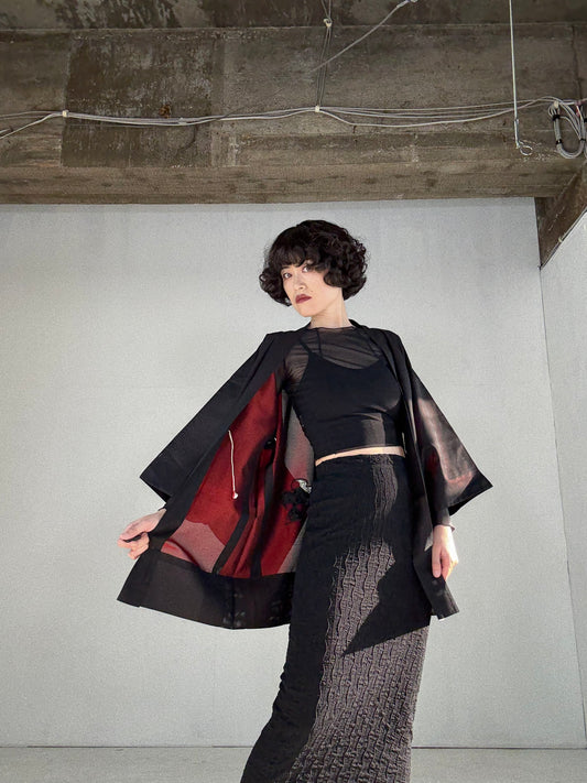 VINTAGE BLACK HAORI SHEER “red, embroidery, ryusui"