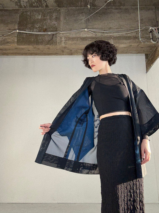VINTAGE BLACK HAORI SHEER “blue, matsu"