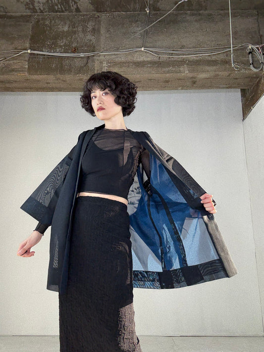 VINTAGE BLACK HAORI SHEER “blue, matsu"